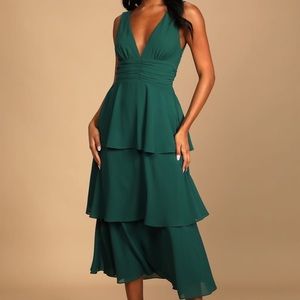 Celebration Time Emerald Green Sleeveless Tiered Midi Dress